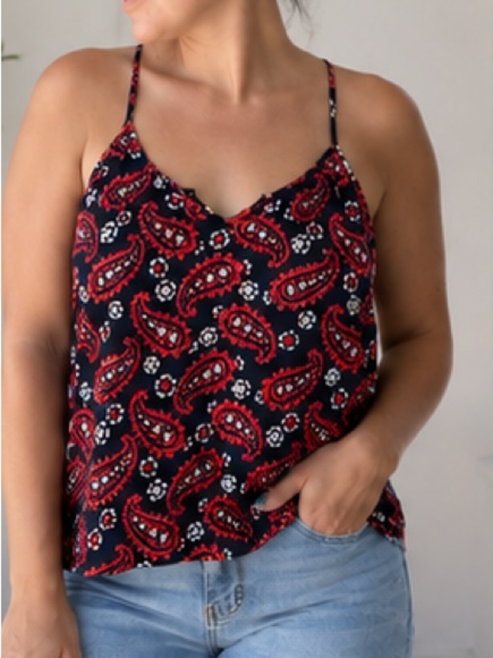 aerie Navy Paisley Spaghetti-Strap Cami with Red Print